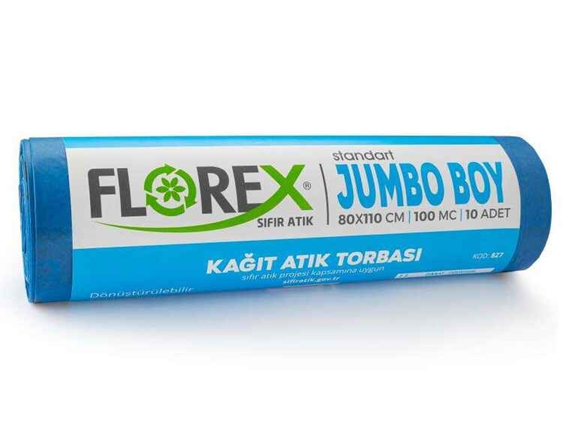 Florex  827 Kağıt Atık Baskılı Jumbo Boy Çöp Poşeti 80  x  110 cm 10 Adet  x  10 Rulo Mavi